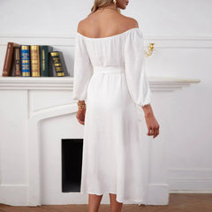 Casual Pure One shouder Long sleeve Fastener Maxi Dresses