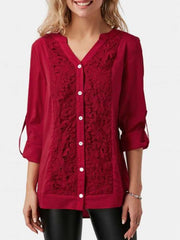 Stylish Elegant Lace Gored V neck Long sleeve Blouses