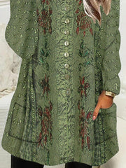 Long-Sleeve Printed Round Neck Loose Pocket Shift Dresses