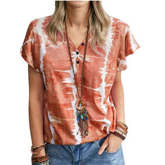 Stylish Print Fastener V neck Short sleeve T-Shirts