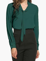 Bow Tie Neck Elegant Top Long Sleeve Solid Work Office Blouse