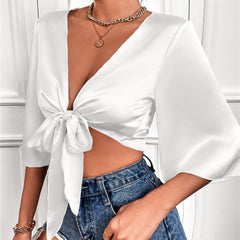 Sexy Pure V neck Three quarter sleeve Bowknot Blouses
