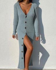 Knit ribbed button long-sleeve cardigan dresses sweater maxi dresses