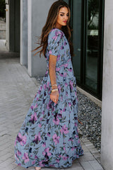 Floral V-Neck Short Flounce Sleeve Dress