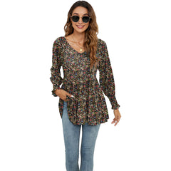 Floral Printed Puff Sleeve Long Sleeve Tunic T-Shirts