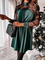 Fashion Sexy Pure Lace Gored Stand collar Long sleeve Shift Dresses
