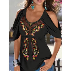 U neck off shoulder short sleeve floral women summer T-shirts