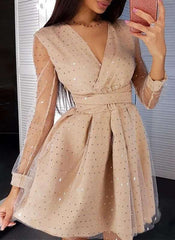 Fashion Sexy Grenadine Gored Sequins V neck Long sleeve Skater Dresses