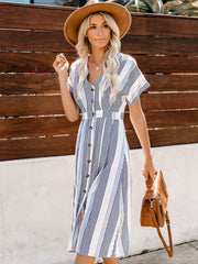 Fashion Stripe V neck Short sleeve Skater Dresses