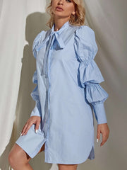 Stylish Pure Bow tie Puff sleeve Shirt Shift Dresses