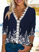 Loose and comfortable casual lace V-neck printed women's T-shirts