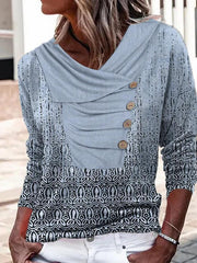 Long Lapel Button Design Printed T-Shirts Fashion Tops