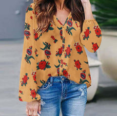 Floral Print Shirts Vintage Loose V-Neck Tops Blouses