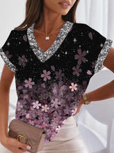 V neck Short sleeve Printed women T-shirts