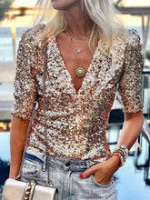 Fashion Sequin V neck Half sleeve T-Shirts