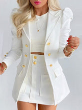 Fashion turn down neck golden button women long sleeve blazer and skirts Two pieces