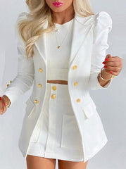 Fashion turn down neck golden button women long sleeve blazer and skirts Two pieces