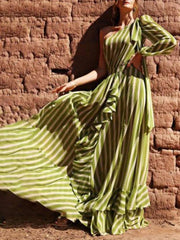 Fashion Stripe Oblique shoulder Long sleeve Falbala Skater Maxi Dresses