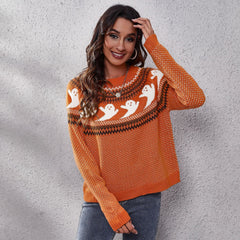 Halloween ghost retro polka dot long sleeve knitted women loose sweaters