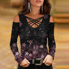 Flower Printed V Neck Cross Strap Off Shoulder Long Sleeve T-shirts Tops