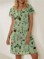 Stylish Floral print V neck Short sleeve Shift Dresses