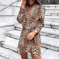Stylish Leopard print Lapel Long sleeve Lacing Irregular Shift Dresses