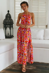Temperament Elegant Hanging Collar printed maxi dresses