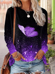 Ladies Long Sleeve T-Shirt Autumn Butterfly Printed Casual Tops