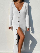 Knit ribbed button long-sleeve cardigan dresses sweater maxi dresses
