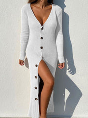 Knit ribbed button long-sleeve cardigan dresses sweater maxi dresses