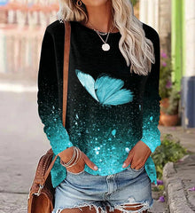 Ladies Long Sleeve T-Shirt Autumn Butterfly Printed Casual Tops