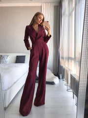 Turn down neck fashion woman plain elegant long sleeve jumpsuits
