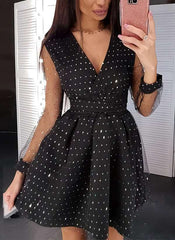 Fashion Sexy Grenadine Gored Sequins V neck Long sleeve Skater Dresses