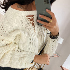Stylish round neck tie design plain women long sleeve sweaters