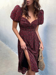 Midi Dress Vintage V Neck White Floral Print French Style Sundress Slit Party Dresses