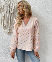 Gold Dot Print Lace Trim V-neck Blouse