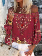 Blouses Vintage Print Boat Neck Belted Long Sleeve Blouse for Women
