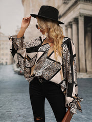 Leopard Print V-neck Cuff Tie Blouse