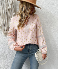 Gold Dot Print Lace Trim V-neck Blouse