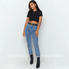 Streetwear Ribber Black Short Sleeve Tops