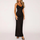 Elegant Solid Lace See Through Spaghetti Strap Backless Maxi Summer Party Dress