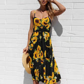 New Pocket Button Bohemia Retro Solid Women's Midi Dresses