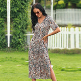 Vintage Print V Neck Dress