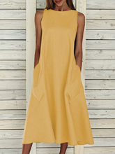 Summer Maxi Pockets Dresses Women Plus Size Solid Sleeveless Crew Neck Skater Dresses