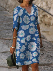Summer Print Mid-Sleeve V-Neck Dress