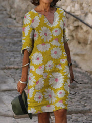 Summer Print Mid-Sleeve V-Neck Dress