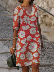 Summer Print Mid-Sleeve V-Neck Dress