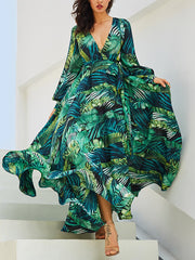 Summer V Neck Long Sleeve Chiffon Printed Leaf Maxi Vacation Dress