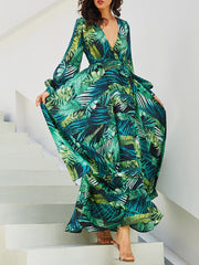 Summer V Neck Long Sleeve Chiffon Printed Leaf Maxi Vacation Dress