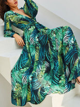 Summer V Neck Long Sleeve Chiffon Printed Leaf Maxi Vacation Dress